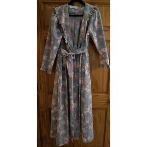 Vintage Komar Floral Robe Housecoat Ruffles Cottage Coquette USA Size M - L 80s
